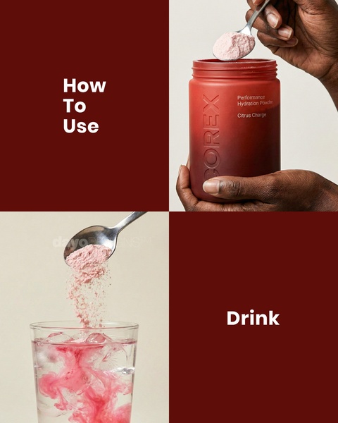 hydration powder, electrolyte powder, drink mix, sports drink powder, energy drink mix, product demo, minimalist, lifestyle, fresh, trustworthy, red, neutral